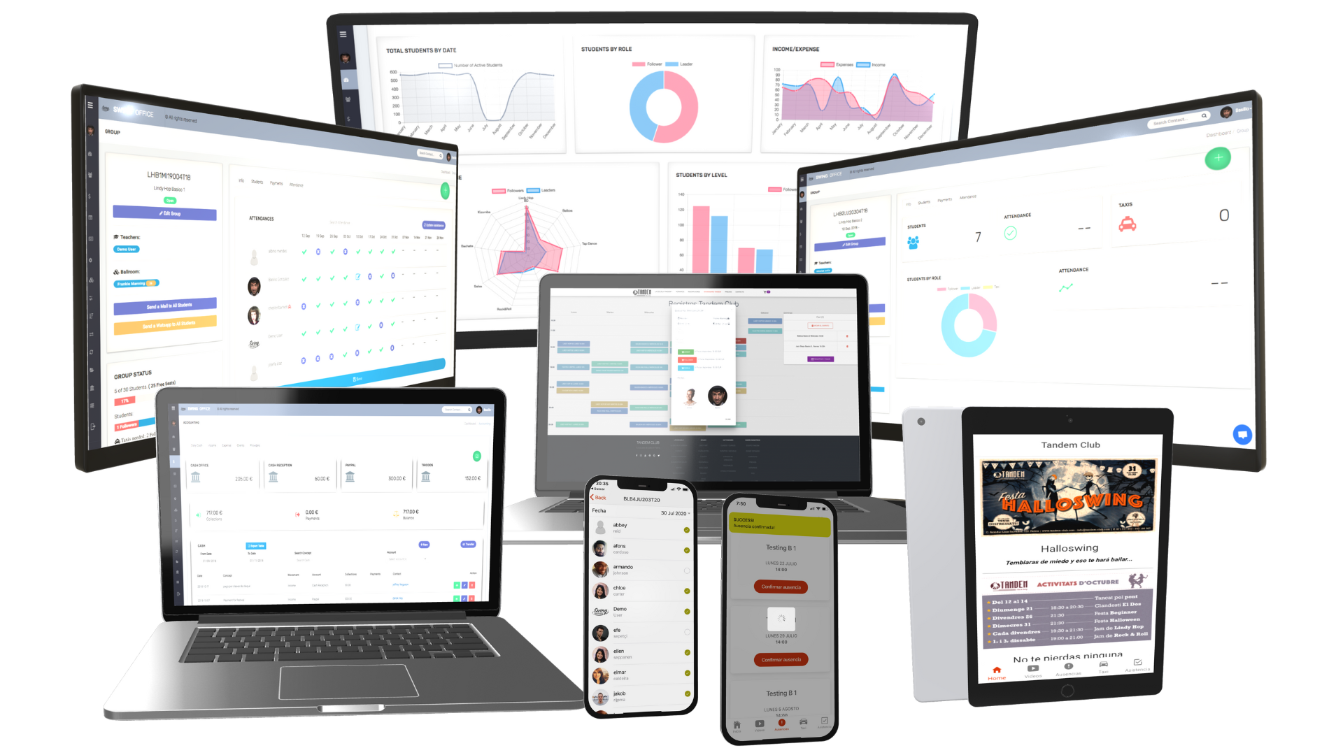 SwingOffice en ordenador, portátil, tablet y móvil: panel de control, horarios, asistencias y app del alumno